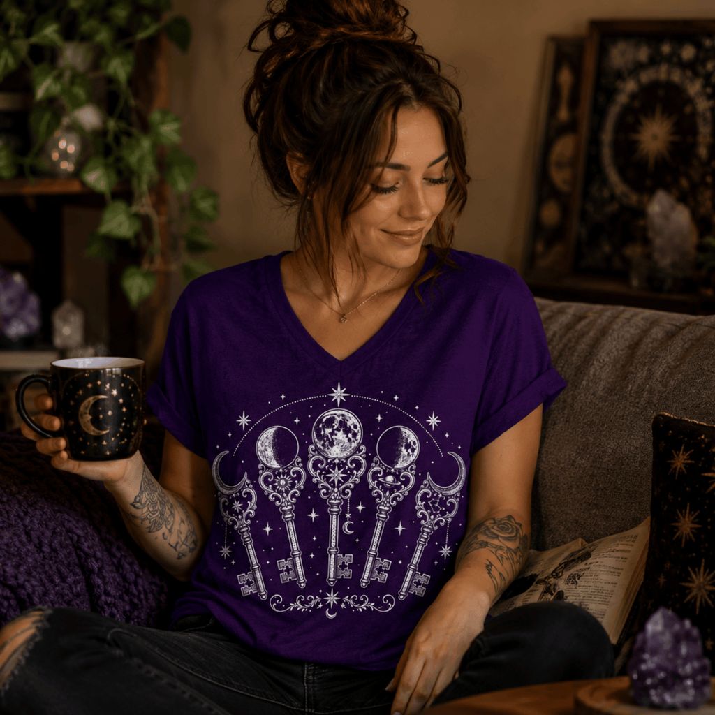 A woman wearing a team purple celestial v-neck graphic t-shirt drinking coffee.