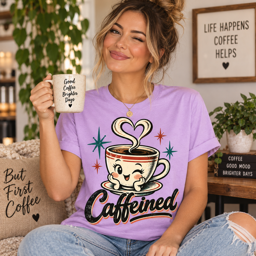 A woman wearing a lilac Caffeined retro coffee graphic t-shirt.