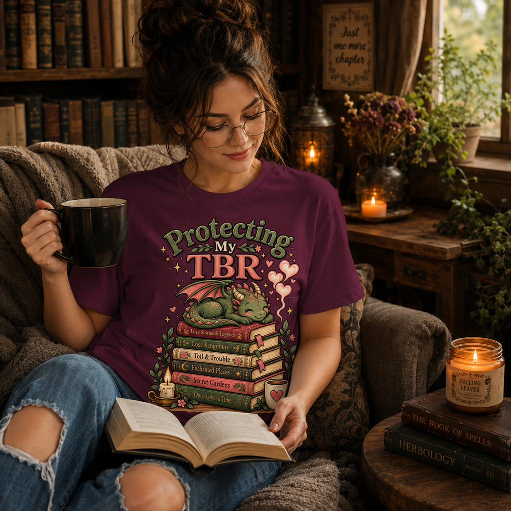A woman wearing a maroon Protecting My TBR cute book graphic t-shirt drinking coffee and reading a book.