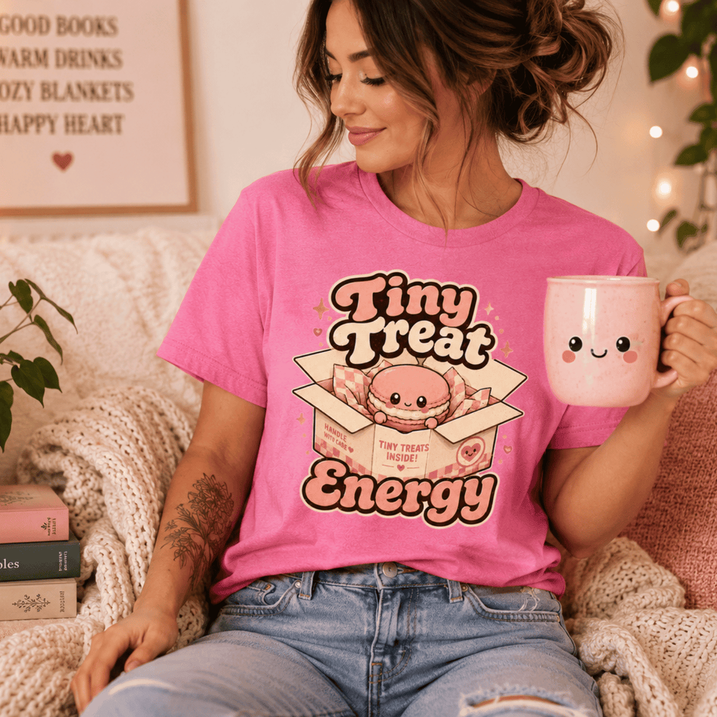 Woman wearing Tiny Treat Energy graphic t-shirt in charity pink sitting on couch drinking coffee.