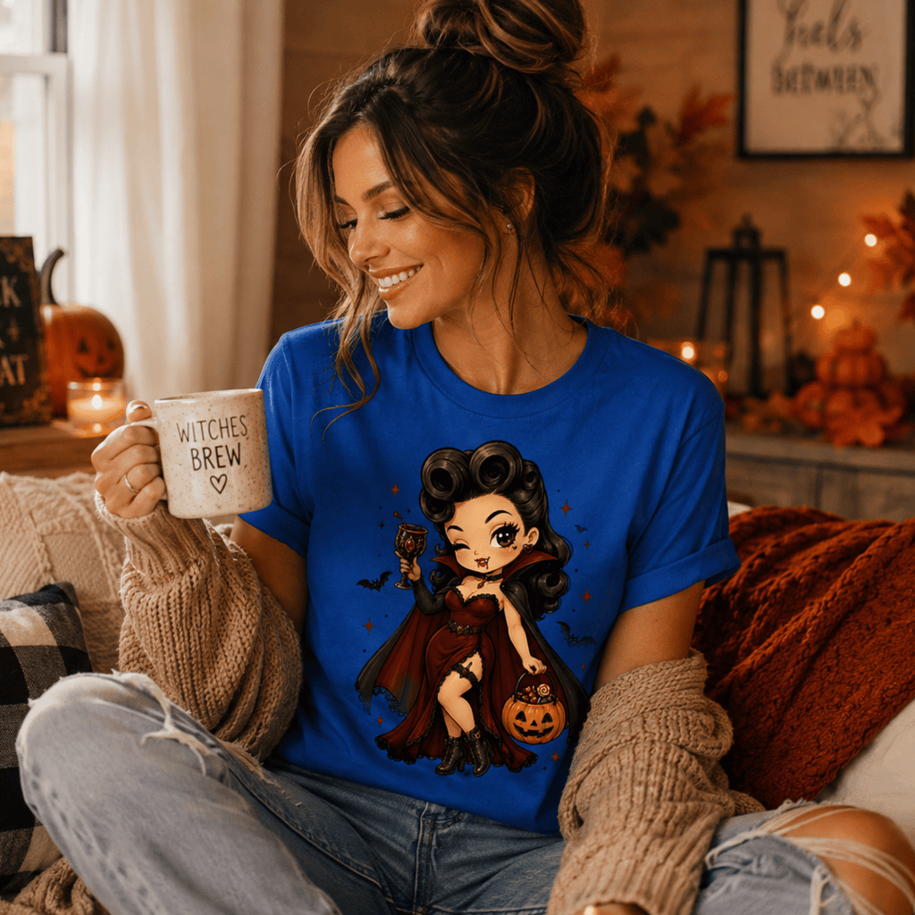 A woman wearing a true royal Vampire Vanessa halloween pinup graphic t-shirt drinking coffee.