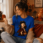 A woman wearing a true royal Vampire Vanessa halloween pinup graphic t-shirt drinking coffee.