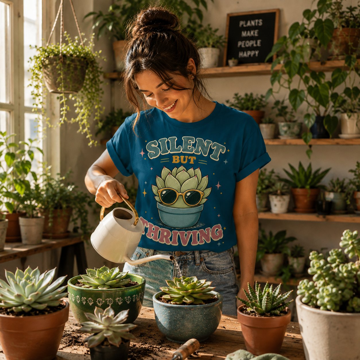 A woman wearing a baby blue Silent But Thriving funny succulent graphic t-shirt watering her succulents.