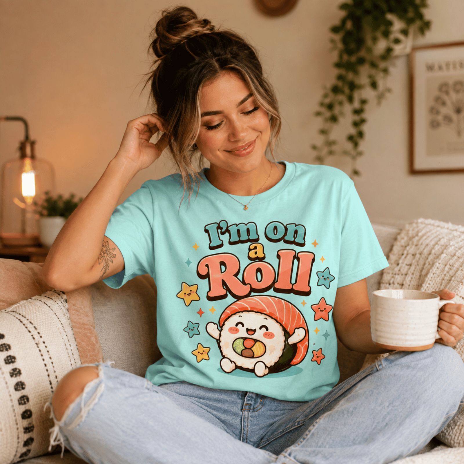 Woman wearing I'm On A Roll graphic t-shirt in mint sitting on couch drinking coffee.