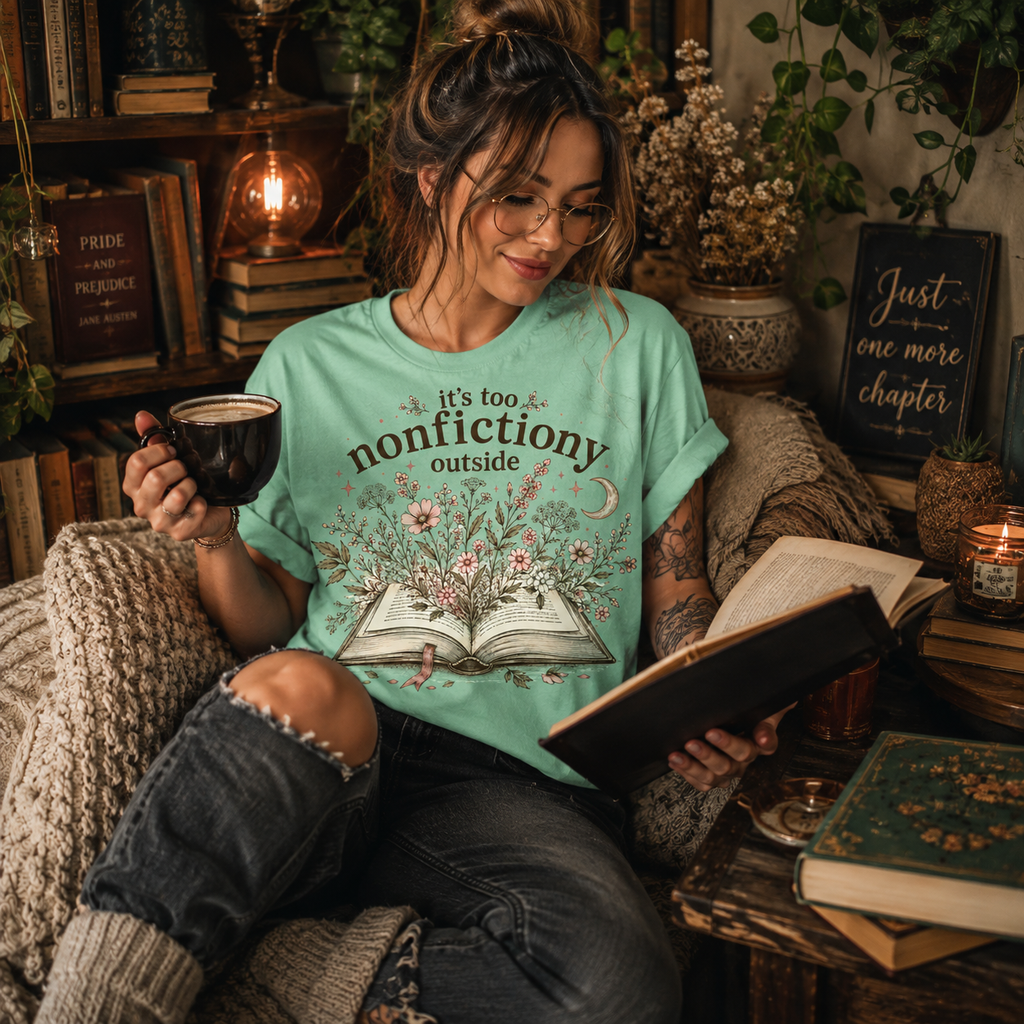 A woman wearing a mint Nonfictiony whimsical book graphic t-shirt reading a book.