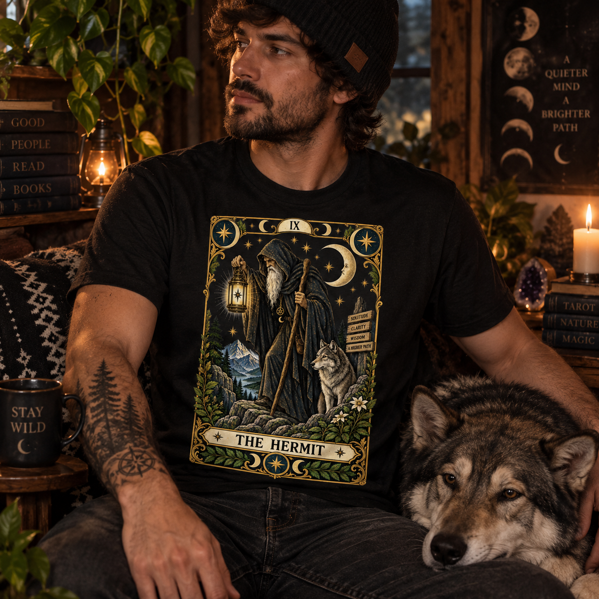 A man wearing a vintage black The Hermit tarot card mystical graphic t-shirt.