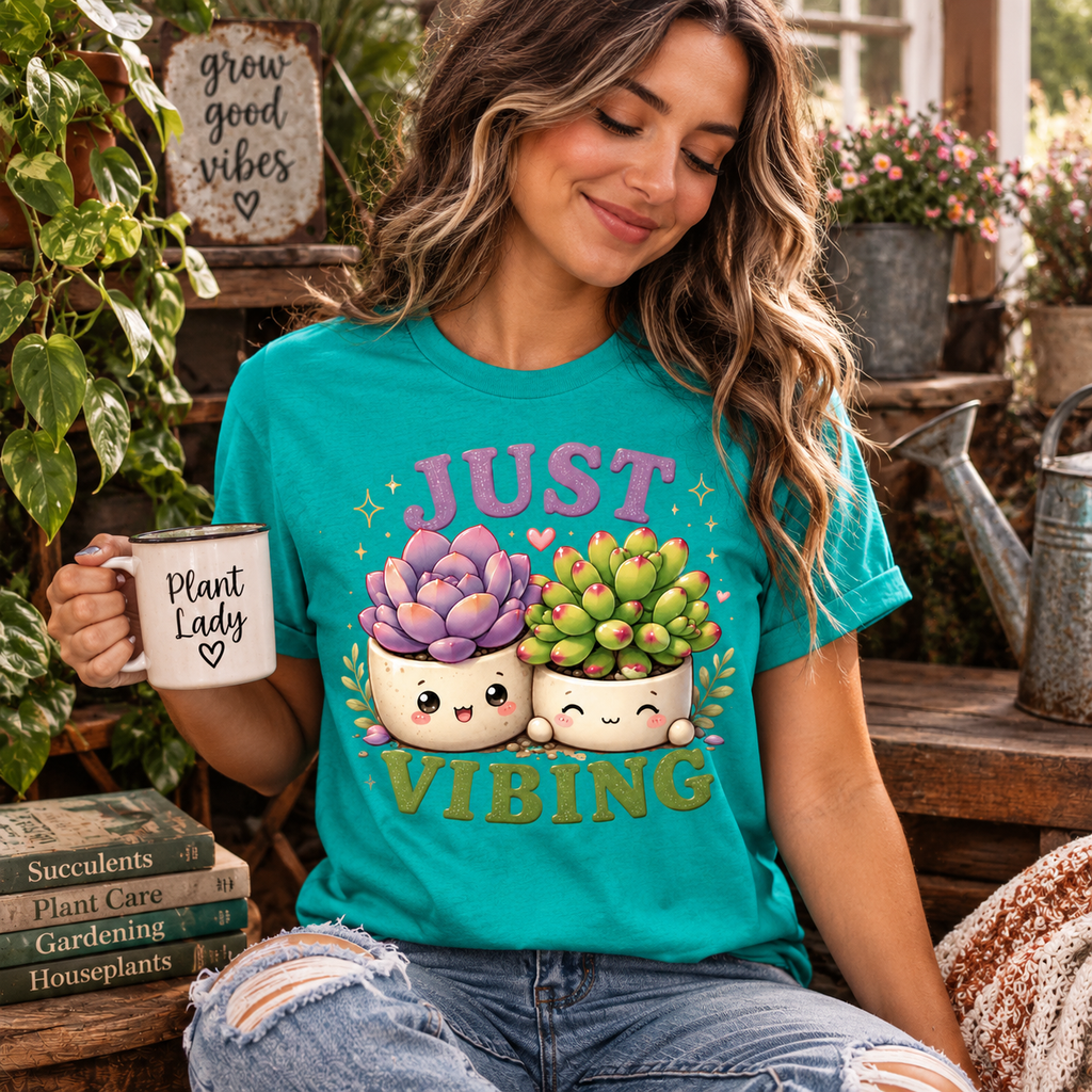 A woman wearing a heather sea green Succulent Vibing funny plant graphic t-shirt drinking coffee.