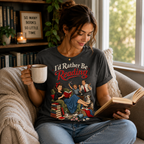 A woman wearing an asphalt I'd Rather Be vintage book graphic t-shirt reading a book.