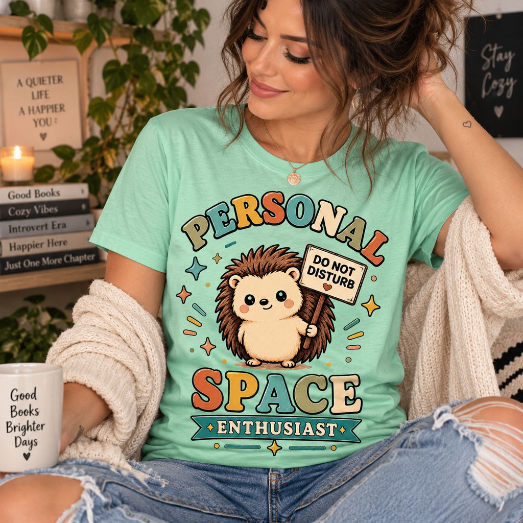 A woman wearing an a mint Personal Space Enthusiast graphic t-shirt.