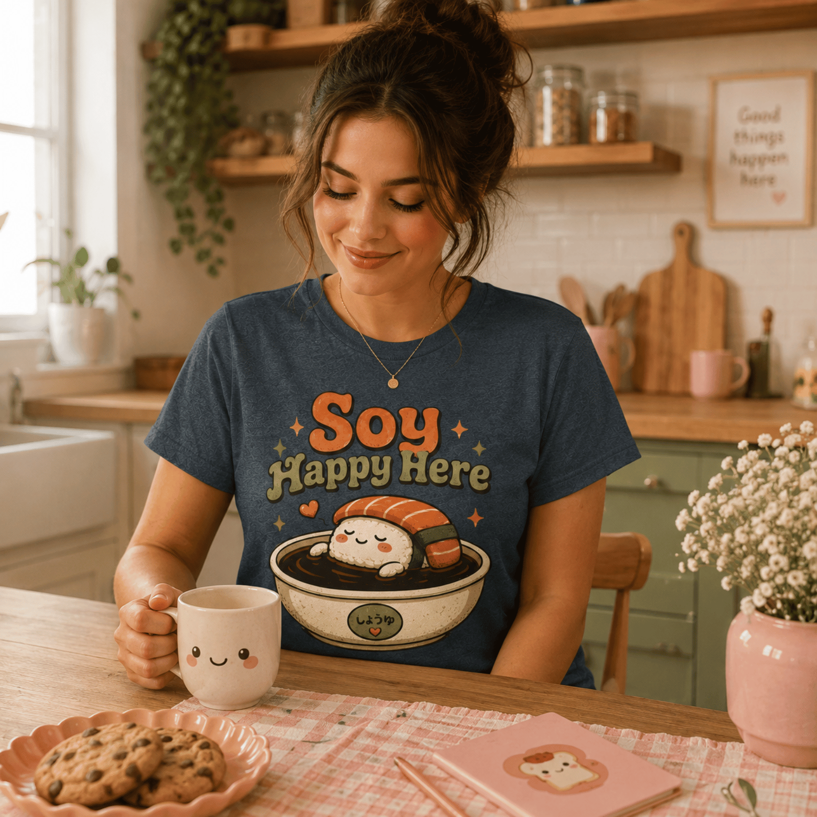 Woman wearing Soy Happy Here graphic t-shirt in deep heather sitting at a kitchen table with cookies.