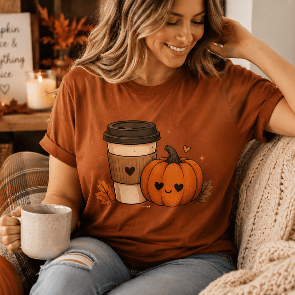 A woman wearing an autumn Pumpkin Latte fall coffee graphic t-shirt.

