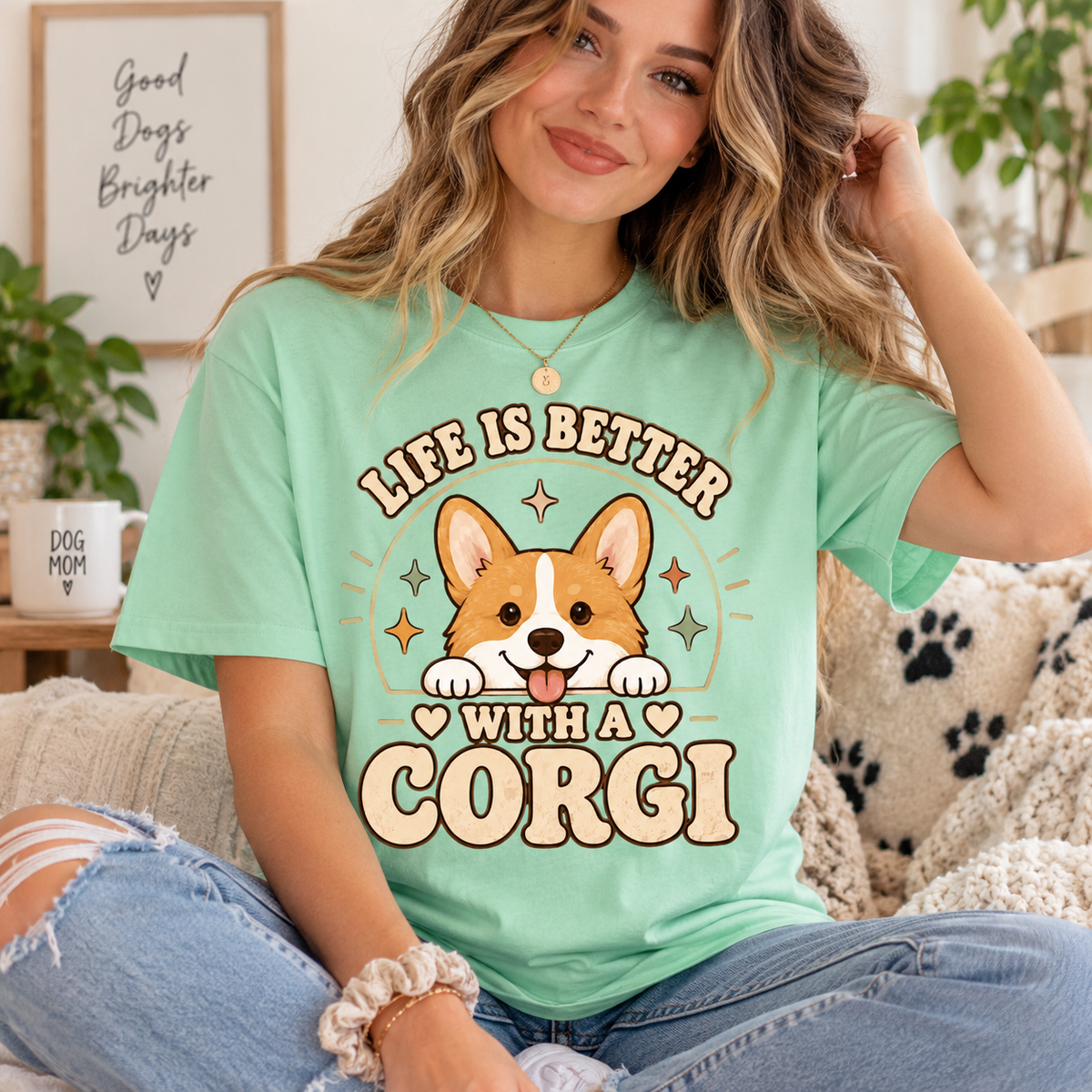 A woman wearing a mint Life is Better cute animal graphic t-shirt.