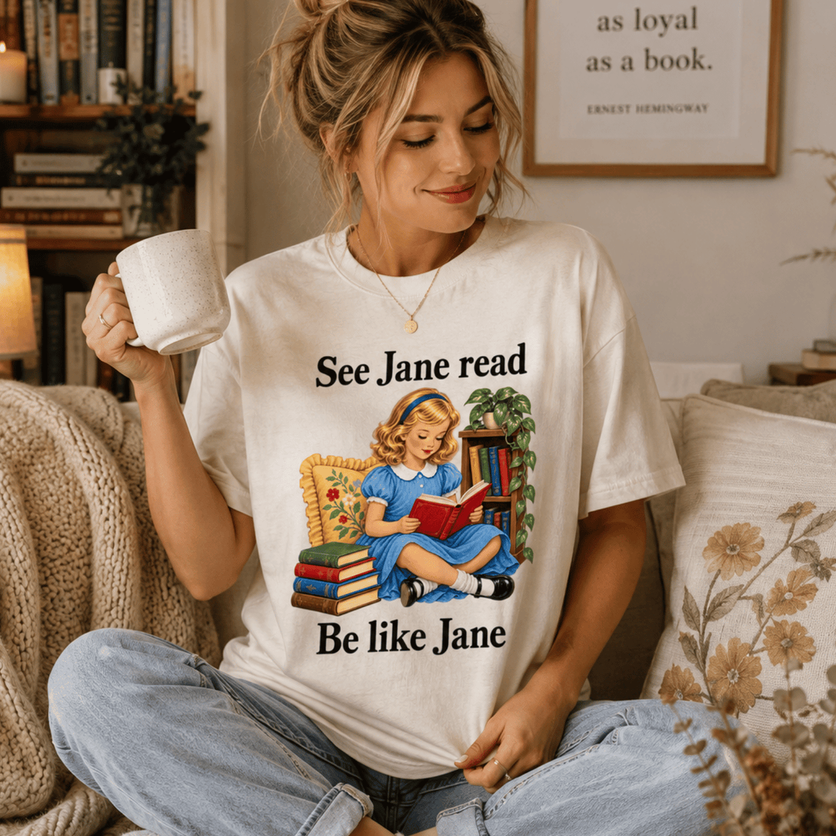 A woman wearing a vintage white See Jane Read vintage book graphic t-shirt in a living room.