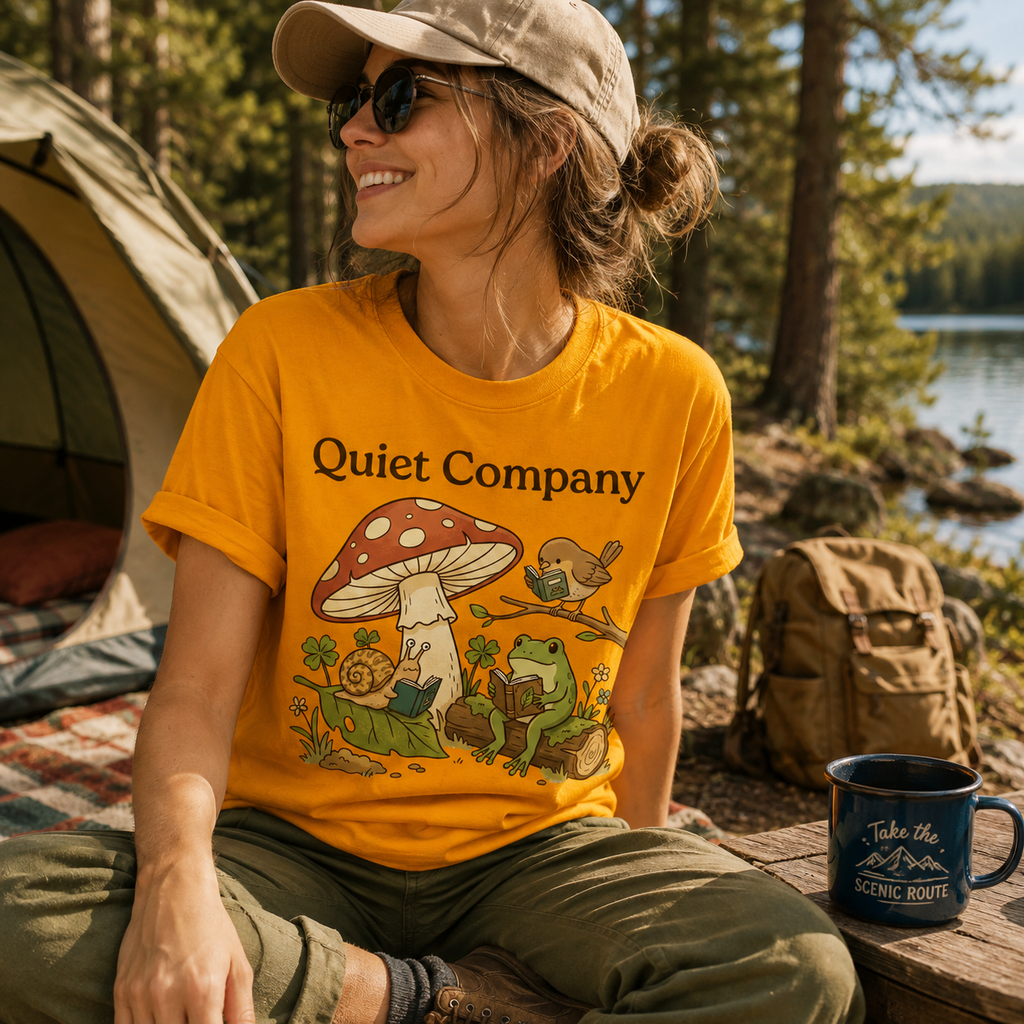 A woman wearing a gold Quiet Company nature lovers graphic t-shirt camping.