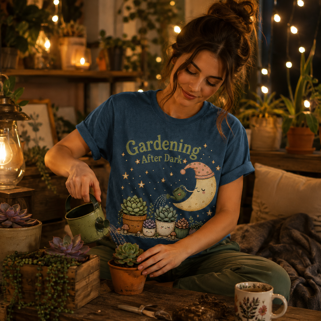 A woman wearing a deep heather Gardening After Dark plant lover graphic t-shirt drinking coffee.