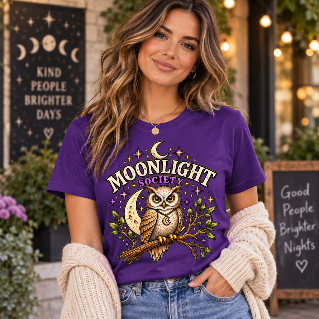 A woman wearing a team purple Moonlight Society cute celestial graphic t-shirt.
