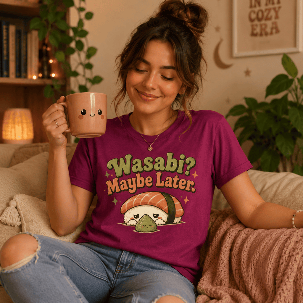 Woman wearing Wasabi graphic t-shirt in berry sitting on couch drinking coffee.