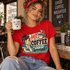 A woman wearing a red Hot Coffee retro coffee graphic t-shirt in a coffee shop.