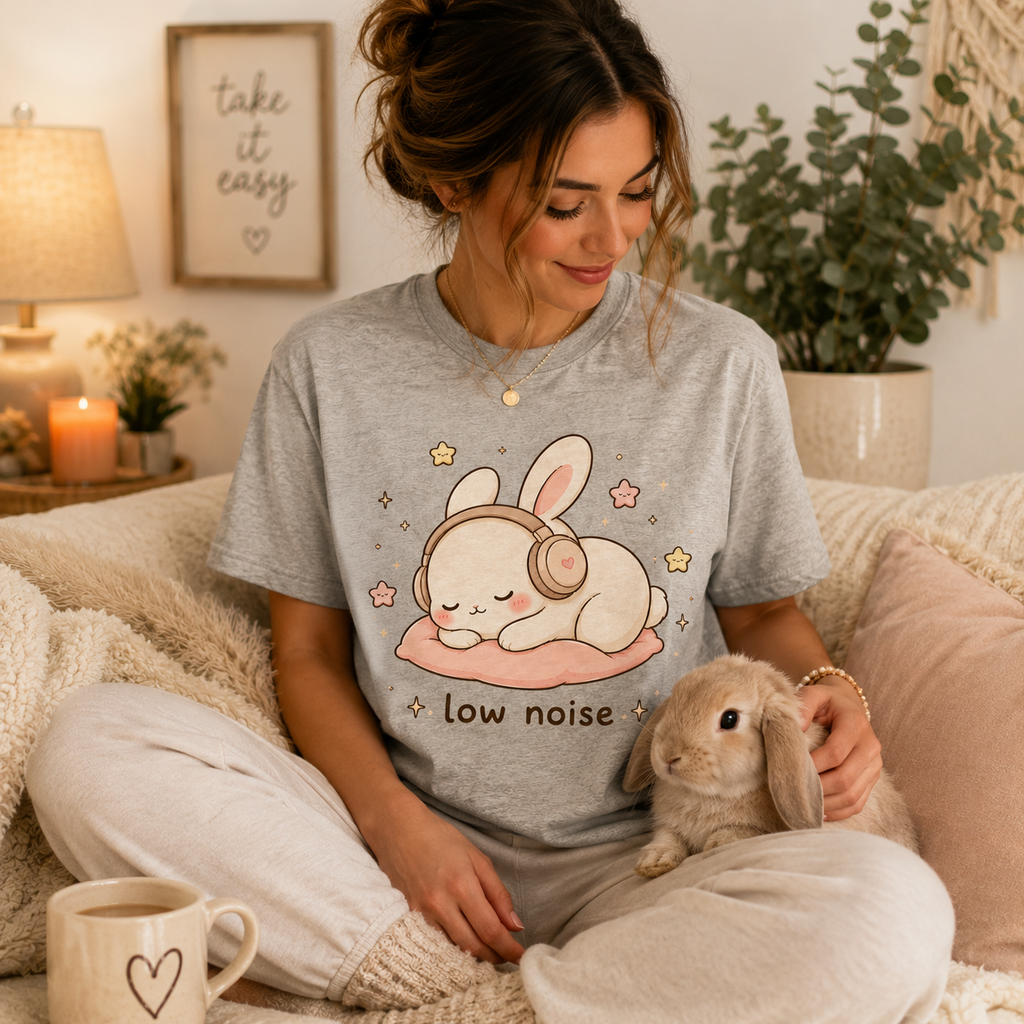 A woman wearing an athletic heather Low Noise Bunny graphic t-shirt petting bunny.