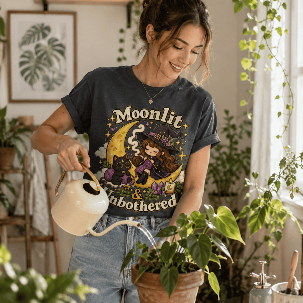 A woman wearing an asphalt Moonlit & Unbothered cute witchy graphic t-shirt watering plants.