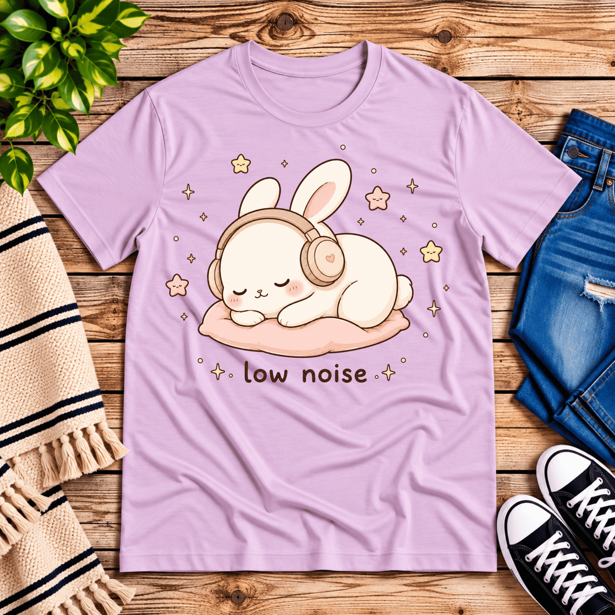 Low Noise Bunny cute animal graphic t-shirt cozy flat lay in lilac.