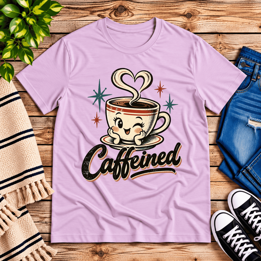 Caffeined retro coffee graphic t-shirt cozy flat lay in lilac.