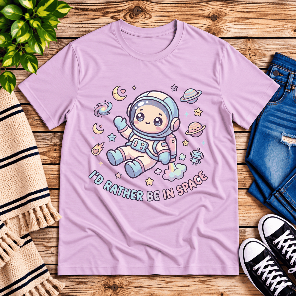 Floating In Space funny introvert graphic t-shirt cozy flat lay in lilac.