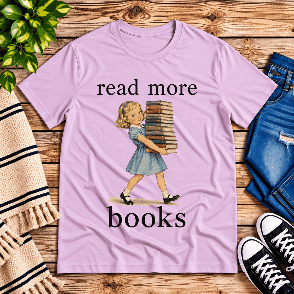 Read More vintage book graphic t-shirt cozy flat lay in lilac.