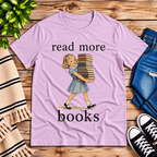 Read More vintage book graphic t-shirt cozy flat lay in lilac.