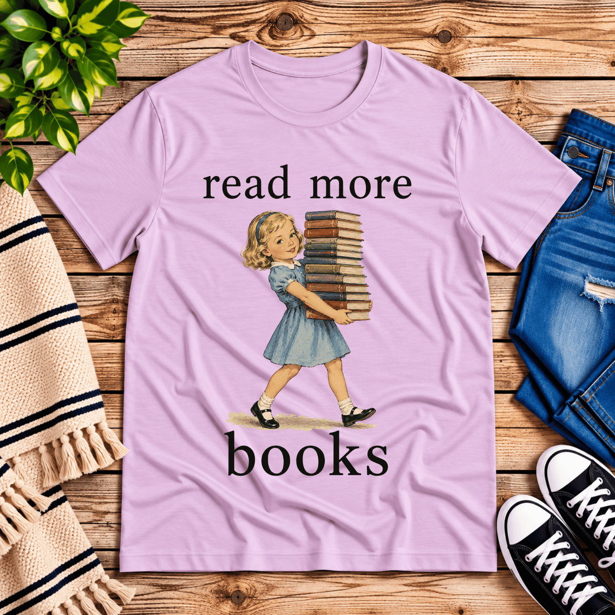 Read More vintage book graphic t-shirt cozy flat lay in lilac.