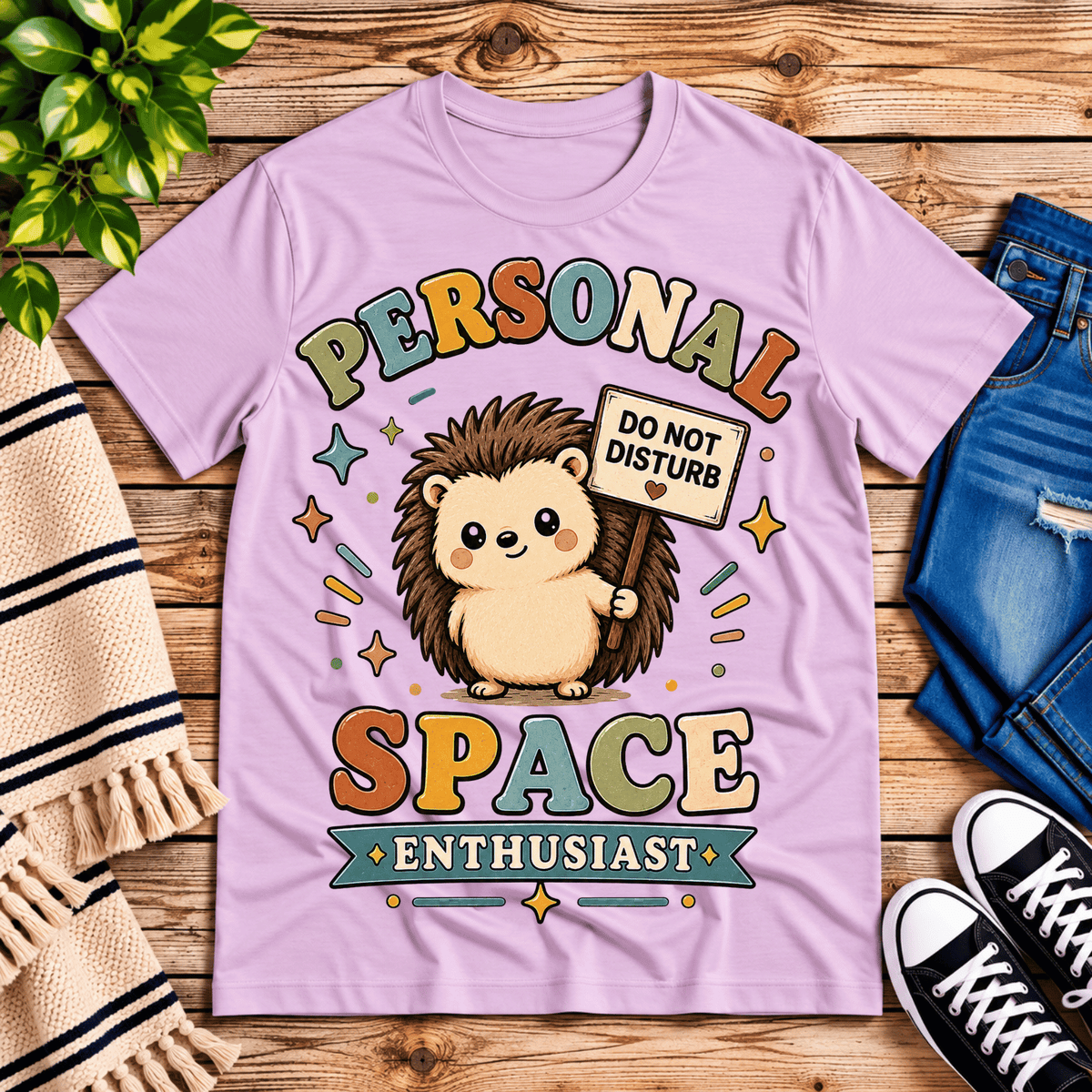 Personal Space Enthusiast cute animal graphic t-shirt cozy flat lay in lilac.