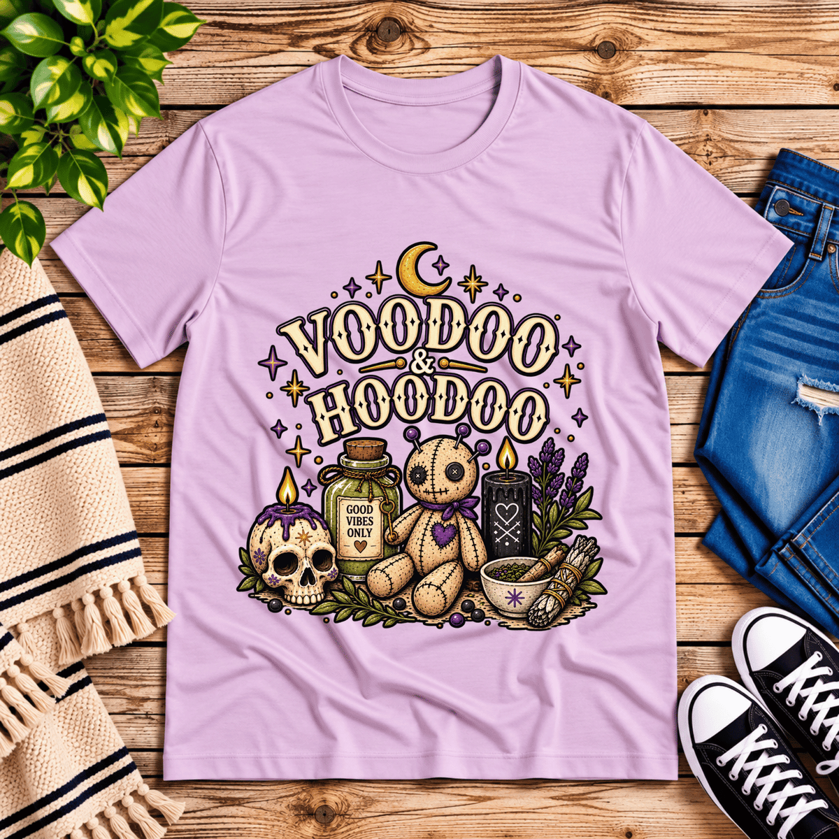 Voodoo & Hoodoo magical witchy graphic t-shirt cozy flat lay in lilac.