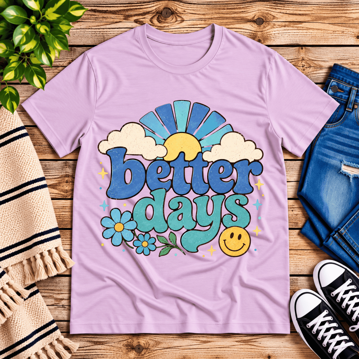 Better Days inspirational introvert graphic t-shirt cozy flat lay in lilac.