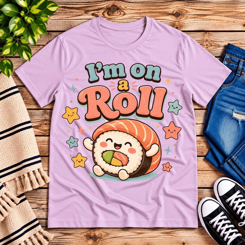 I'm On A Roll cute food graphic t-shirt cozy flat lay in lilac.
