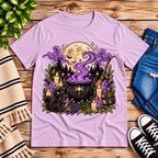 The cauldron cute celestial graphic t-shirt cozy flat lay in lilac.