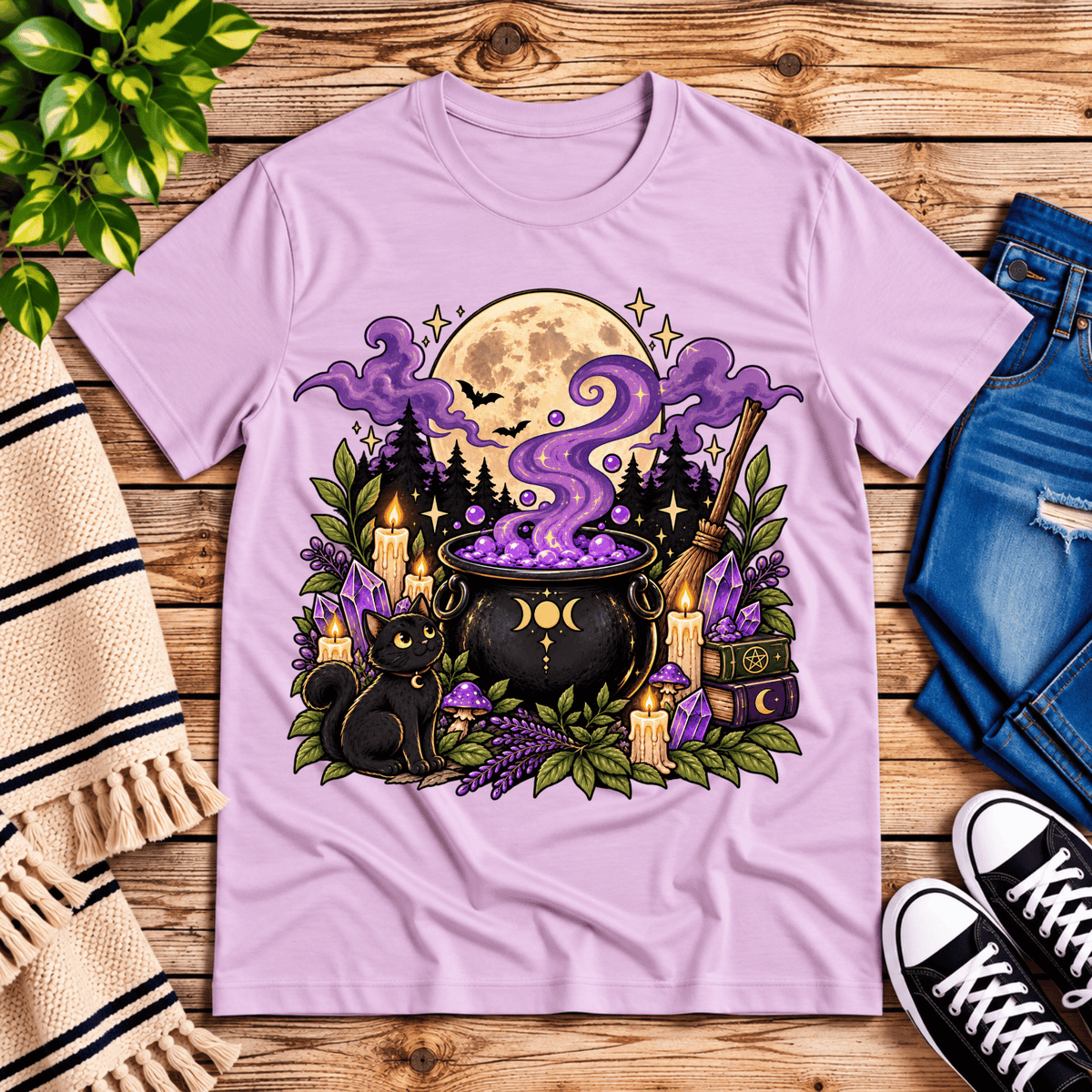 The cauldron cute celestial graphic t-shirt cozy flat lay in lilac.