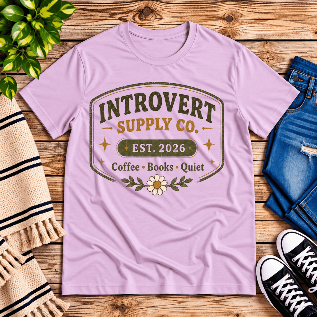 Introvert Supply Co. cute introvert graphic t-shirt cozy flat lay in lilac.