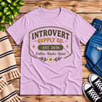 Introvert Supply Co. cute introvert graphic t-shirt cozy flat lay in lilac.