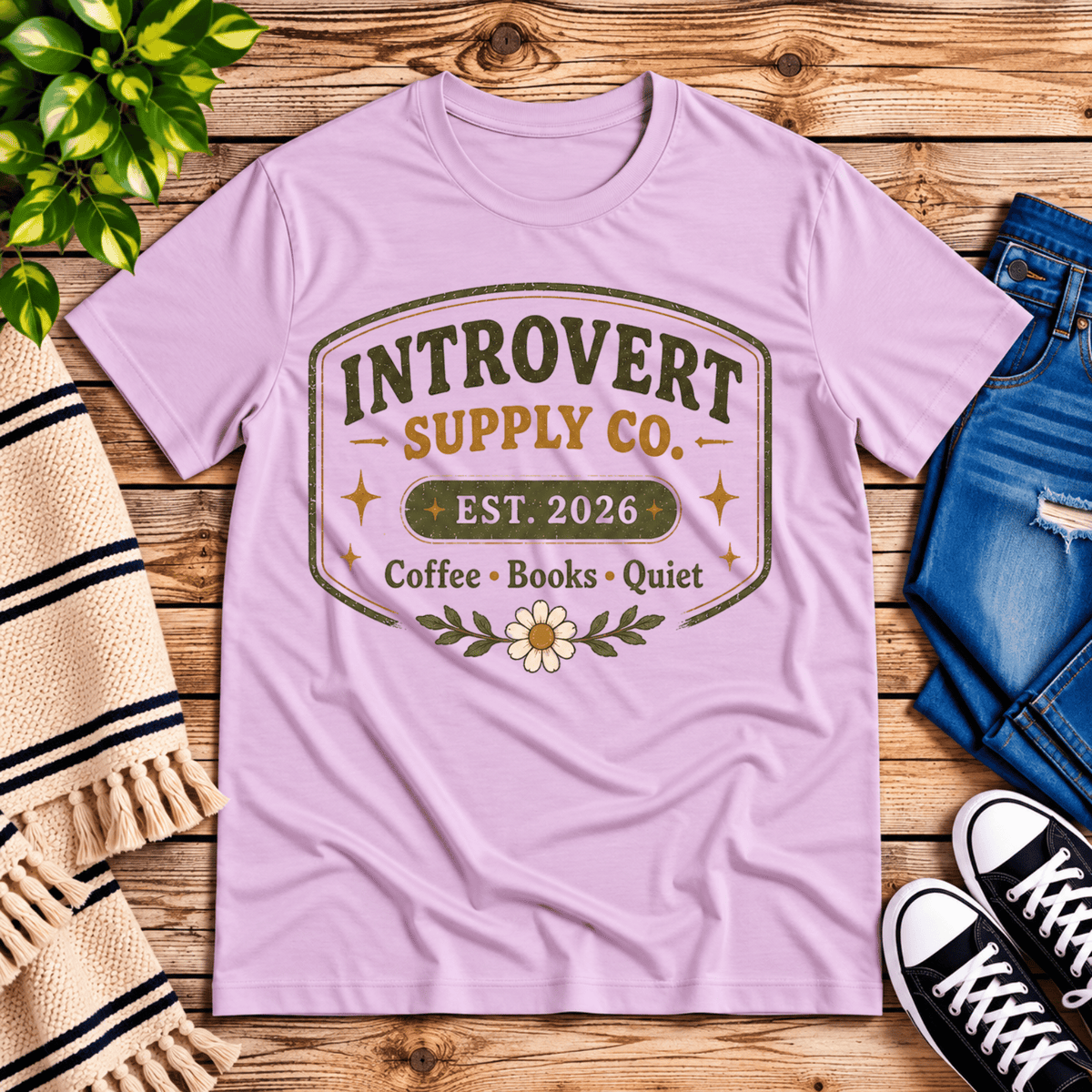 Introvert Supply Co. cute introvert graphic t-shirt cozy flat lay in lilac.