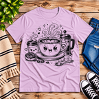Happy Coffee cute kawaii graphic t-shirt cozy flat lay in lilac.