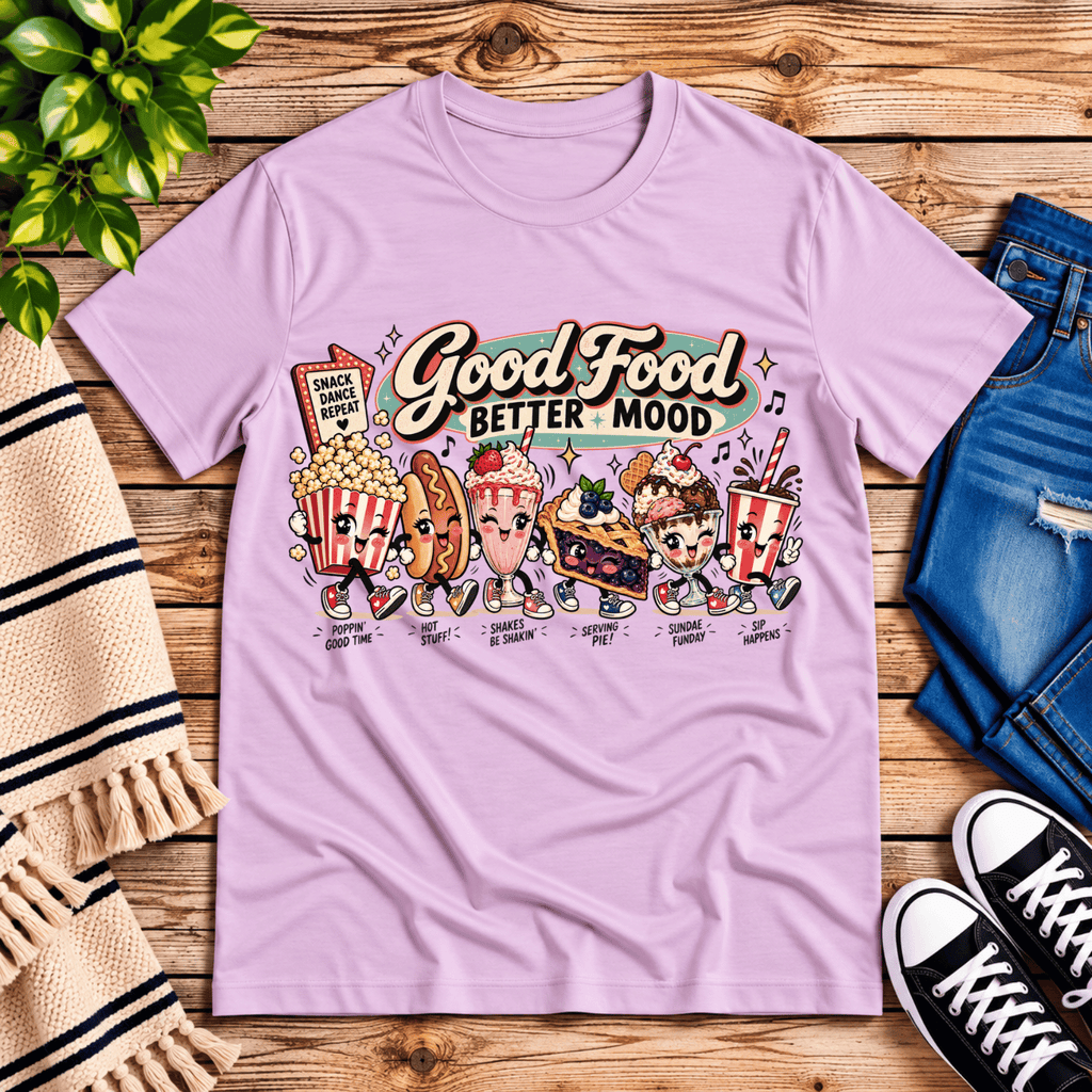 Good Food retro food graphic t-shirt cozy flat lay in lilac.
