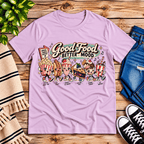 Good Food retro food graphic t-shirt cozy flat lay in lilac.
