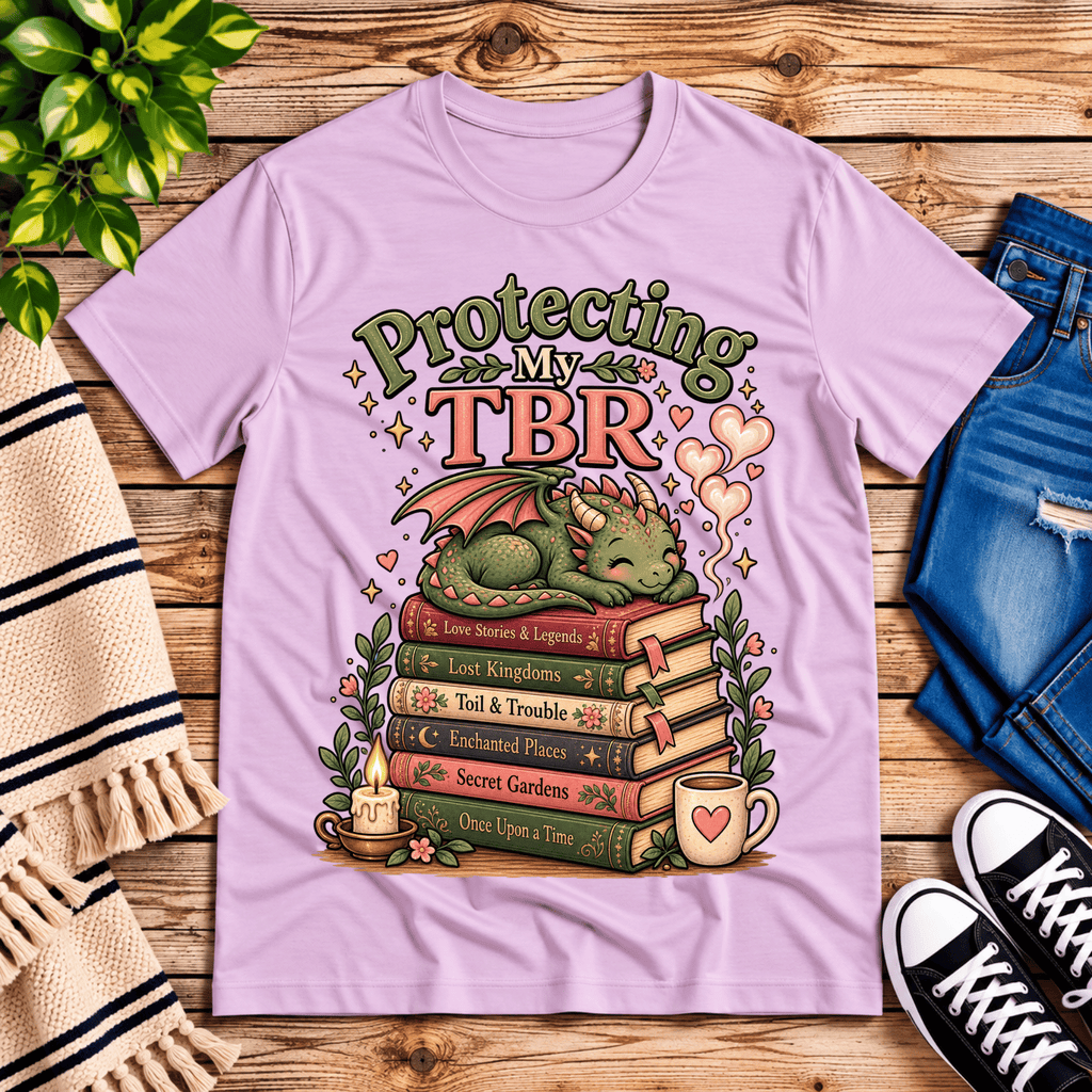 Protecting My TBR cute book graphic t-shirt cozy flat lay in lilac.