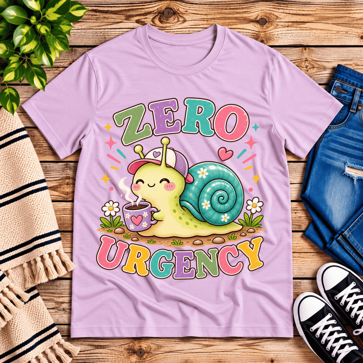 Zero Urgency cute animal graphic t-shirt cozy flat lay in lilac.