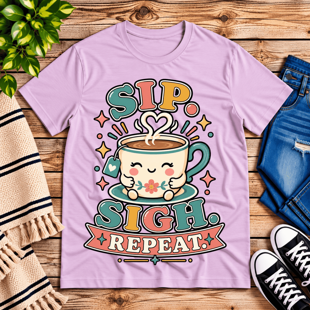 Sip. Sigh. Repeat. coffee graphic t-shirt cozy flat lay in lilac.