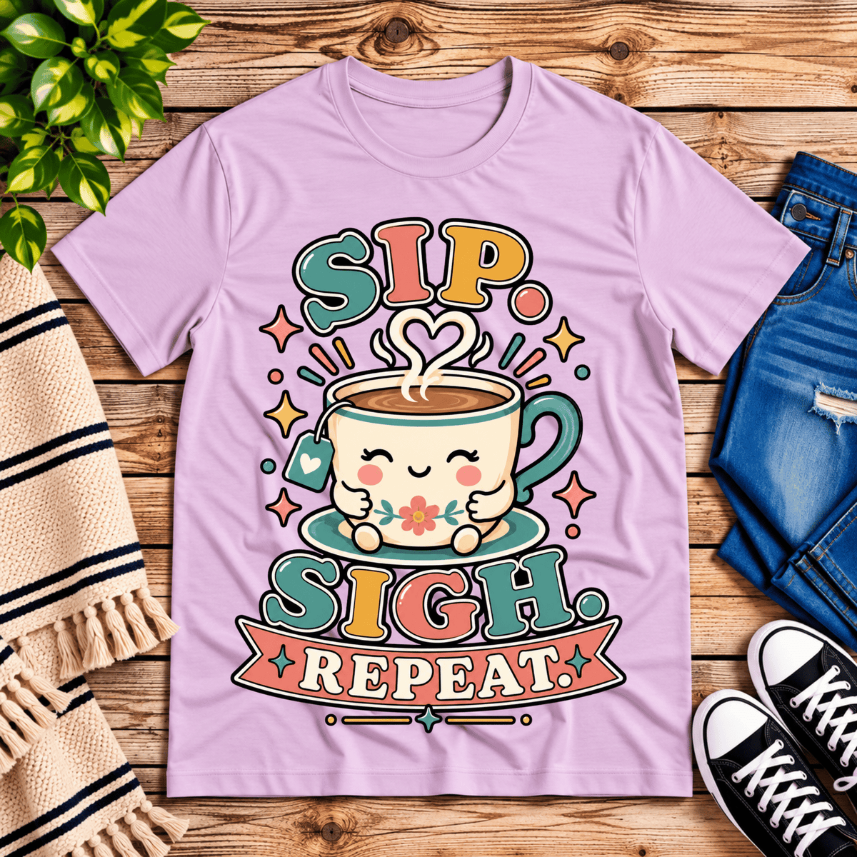 Sip. Sigh. Repeat. coffee graphic t-shirt cozy flat lay in lilac.