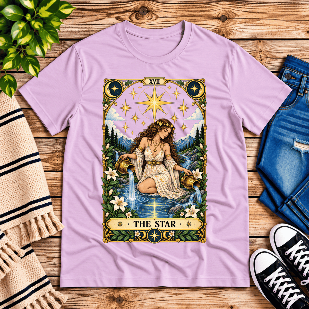 The Star tarot card graphic t-shirt cozy flat lay in lilac.