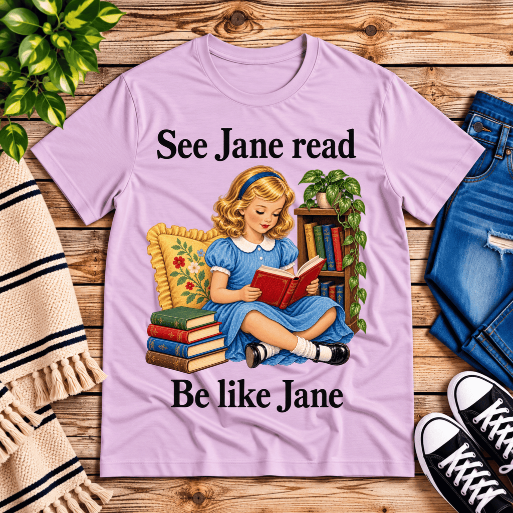 See Jane Read vintage book graphic t-shirt cozy flat lay in lilac.
