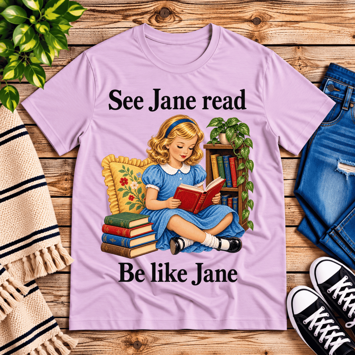See Jane Read vintage book graphic t-shirt cozy flat lay in lilac.