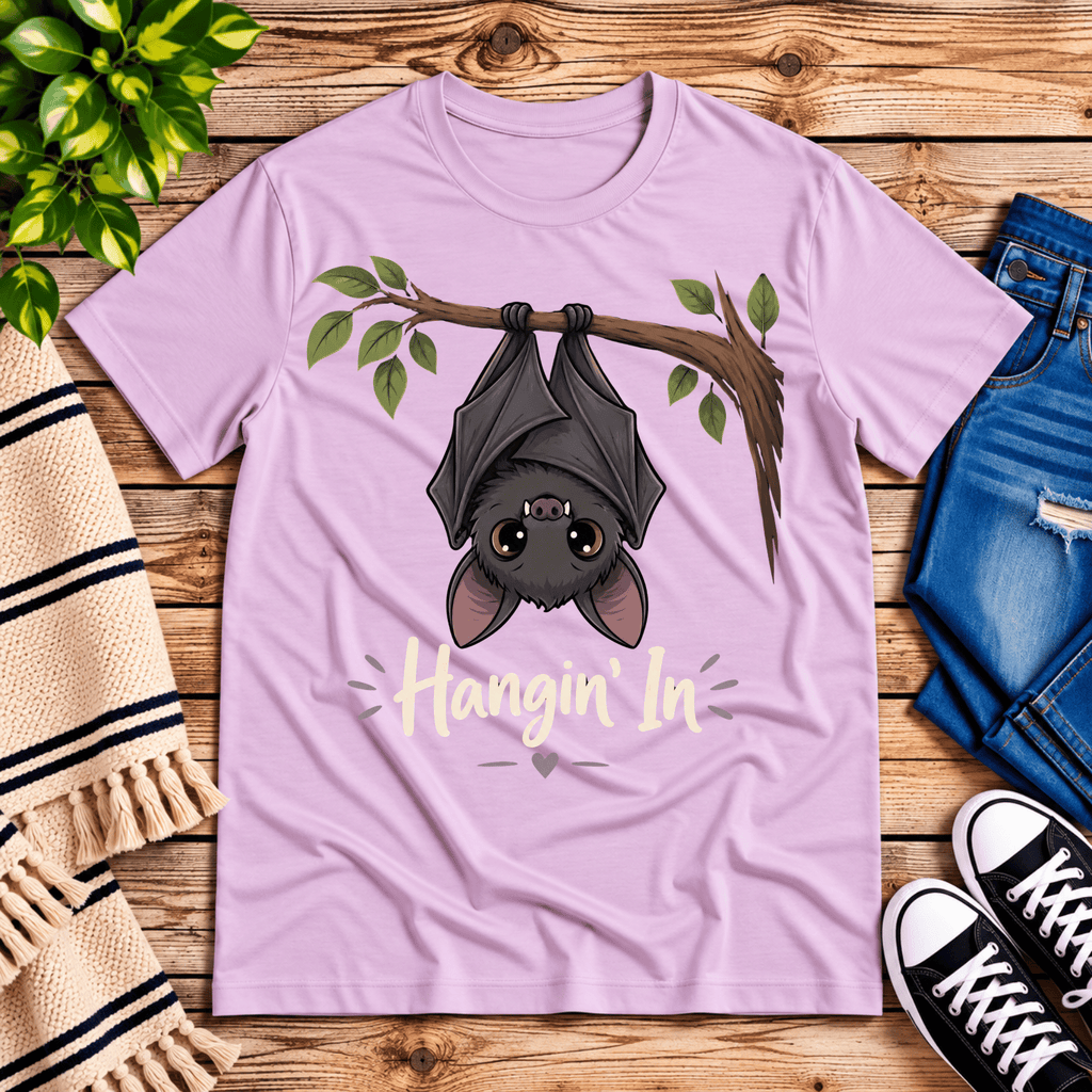 Hangin' In cute introvert graphic t-shirt cozy flat lay in lilac.